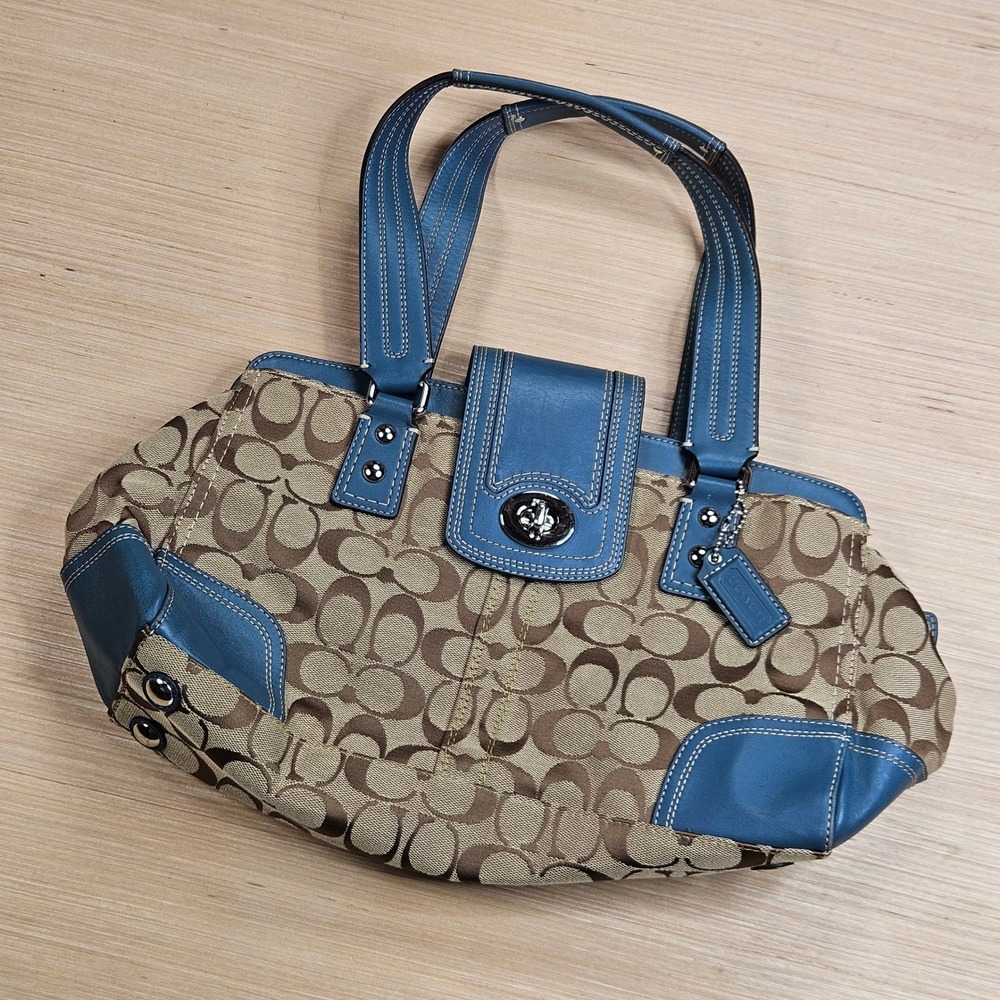 Coach Hamptons Signature Satchel Shoulder Bag Blue Canvas Leather F13975